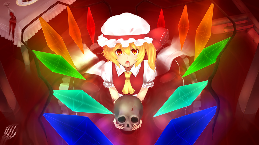 absurdres blonde_hair blood blood_on_face flandre_scarlet hat highres hosoi_sen looking_at_viewer open_mouth red_eyes ribbon short_hair side_ponytail skeleton skull smile solo spill touhou wings
