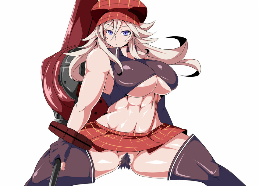 1girl alisa_ilinichina_amiella bare_shoulders blonde_hair blue_eyes breasts female fingerless_gloves gloves god_eater hat ky. large_breasts legwear long_hair miniskirt muscle no_panties pubic_hair pussy simple_background sitting skirt solo spread_legs thighhighs uncensored underboob white_background