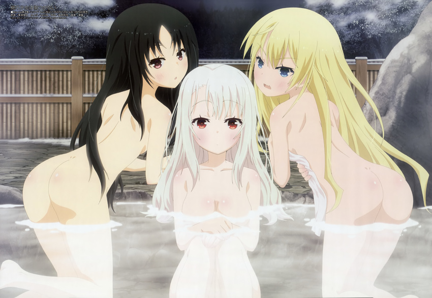 absurdres alternate_hairstyle ass black_hair blonde_hair blue_eyes blush breasts charlotte_belew cleavage cloud frey_(machine-doll) hair_down highres hirose_tomohito long_hair looking_back machine-doll_wa_kizutsukanai medium_breasts megami multiple_girls night non-web_source nude official_art onsen silver_hair sky small_breasts towel water white_towel yaya_(machine-doll)