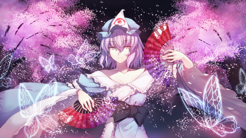 blush bug butterfly fan folding_fan goshoguruma hat highres insect japanese_clothes kaiza_(rider000) looking_at_viewer pink_eyes pink_hair saigyouji_yuyuko saigyouji_yuyuko's_fan_design short_hair smile solo touhou triangular_headpiece