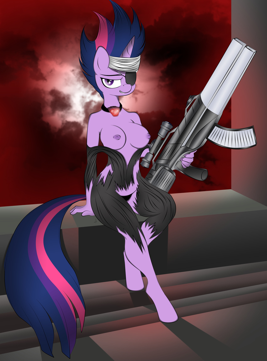 absurd_res anthro anthrofied bandanna breasts clothing cloud equine eye_patch eyewear female friendship_is_magic gun hair hi_res horn horse looking_at_viewer mammal multi-colored_hair my_little_pony necklace nipples outside panties pony purple_eyes purple_hair ranged_weapon scar sitting skinsuit sky solo thong torn_clothing twilight_sparkle_(mlp) underwear unicorn v-d-k weapon