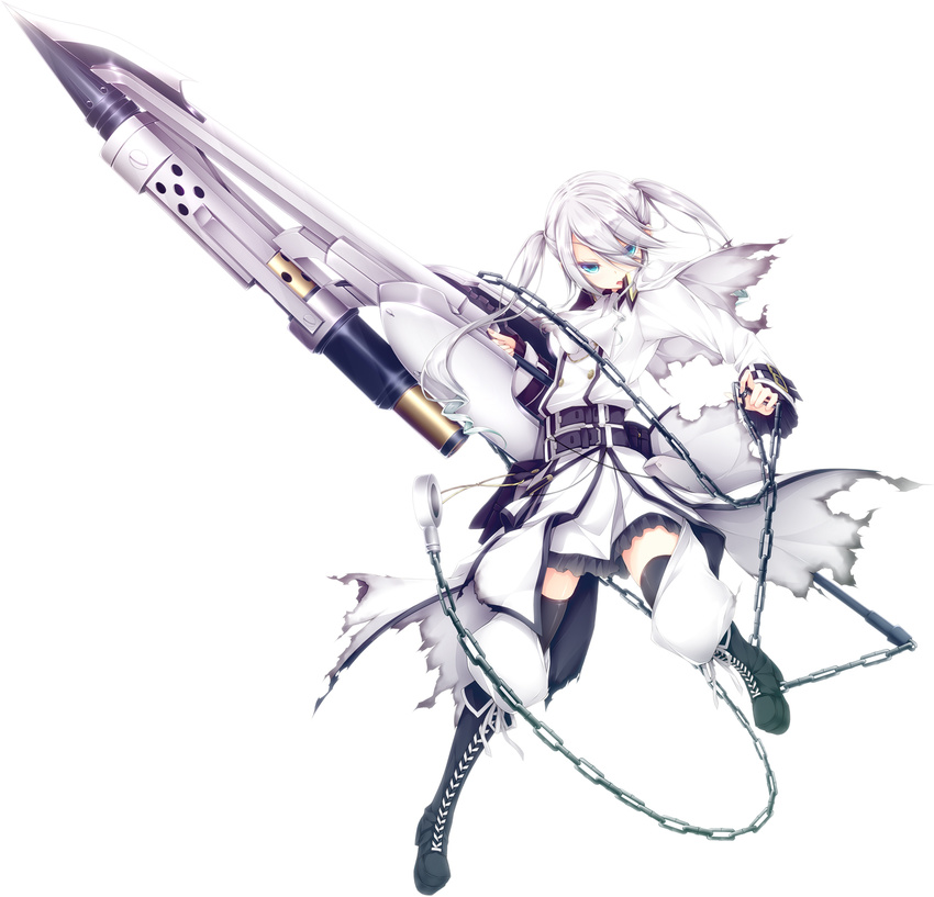 black_legwear blue_eyes boots chain full_body highres huge_weapon long_hair looking_at_viewer luna_lia mahou_sensou shijou_momoka silver_hair simple_background solo torn_clothes twintails weapon white_background