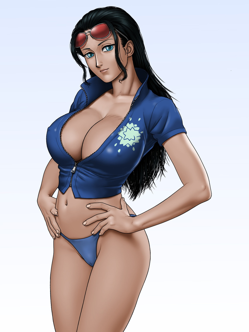 bikini bikini_bottom black_hair blue_bikini blue_eyes blue_shirt breasts cameltoe center_opening cleavage collarbone crop_top erect_nipples female fingernails floral_print flower glasses glasses_on_head hair_slicked_back hands_on_hips highres huge_breasts karma-laboratory large_breasts long_hair looking_at_viewer navel nico_robin one_piece shirt short_sleeves simple_background solo standing sunglasses sunglasses_on_head swimsuit unzipped white_background zipper