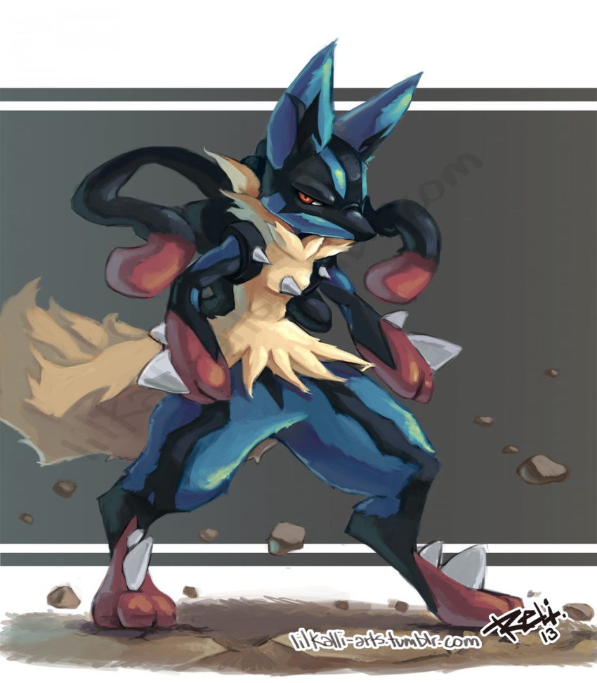 digitigrade ground jackal lil-kalli lucario mammal mega_evolution mega_lucario nintendo pok&#233;mon pok&eacute;mon pose red_eyes rock standing_up stare video_games x_y