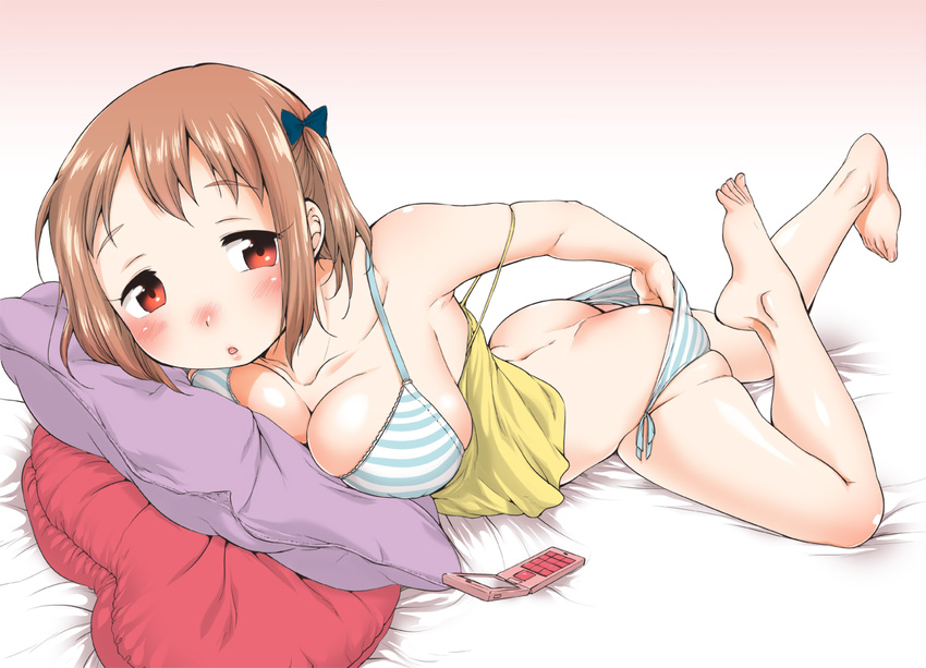 :o ass barefoot bed_sheet blush bra breasts brown_eyes brown_hair camisole cellphone cleavage equal_(melomelopunch) feet hataraku_maou-sama! large_breasts lying on_stomach panties phone pillow sasaki_chiho scratching shiny shiny_skin short_hair side-tie_panties side_ponytail skindentation solo striped striped_bra striped_panties underwear