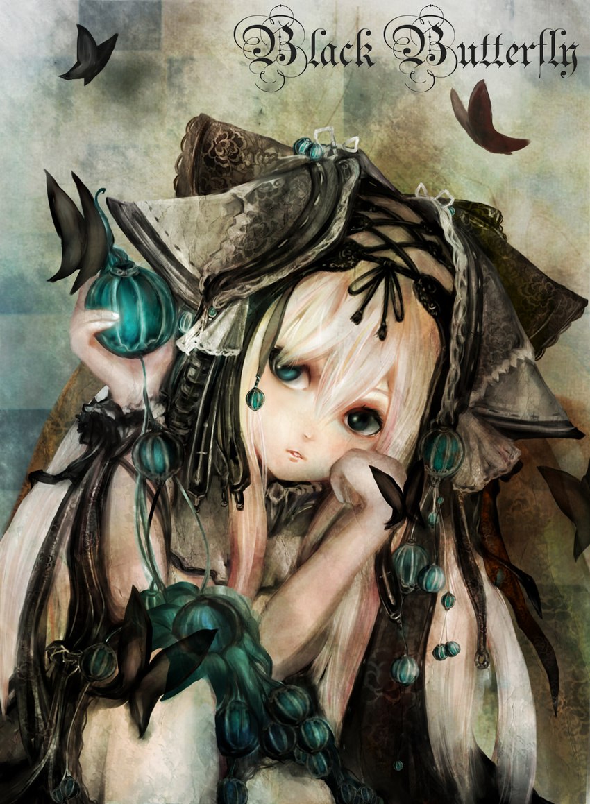 1girl black_butterfly blue_eyes butterfly gothic_lolita hand_on_cheek hand_on_own_cheek hand_on_own_face highres holding lolita_fashion looking_at_viewer solo white_hair zhang_xiao_bo