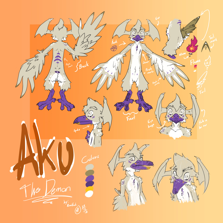 absurd_res aku anthro avian beak bird butt claws demon digital_media_(artwork) feathers fur hi_res male model_sheet reference_image renovash simple_background solo text wings