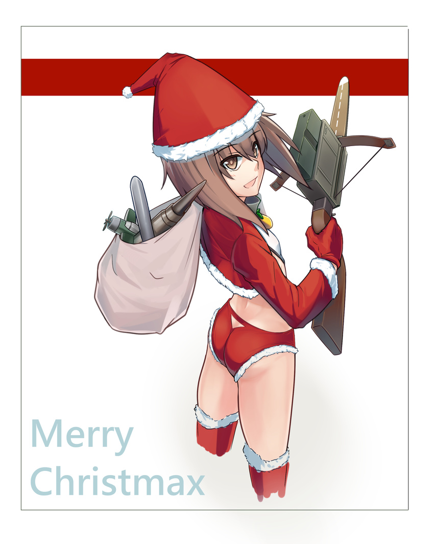 :d absurdres ammunition ass brown_eyes brown_hair hat highres kantai_collection merry_christmas open_mouth sack santa_costume santa_hat sein_(tgf19911119) short_hair smile solo taihou_(kantai_collection) thighhighs weapon