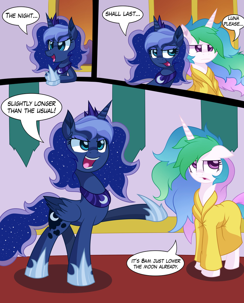 blue_eyes blue_fur blue_hair clothing comic crown cutie_mark dialog duo english_text equine female feral friendship_is_magic frown fur hair hi_res horn horse long_hair mammal multi-colored_hair my_little_pony open_mouth pony princess_celestia_(mlp) princess_luna_(mlp) purple_eyes robe smile text tongue white_fur wildberry-poptart winged_unicorn wings