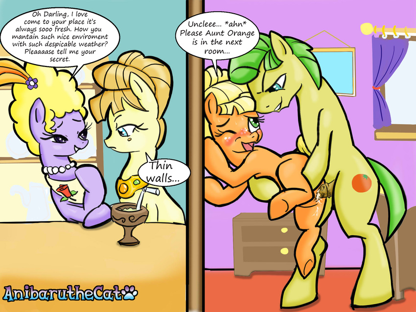 adultery against_wall anibaruthecat applejack_(mlp) aunt_orange_(mlp) blonde_hair blue_eyes blush comic cub cum cum_in_pussy cum_inside cutie_mark dialog english_text equine erection eyes_closed female freckles friendship_is_magic from_behind fur green_eyes green_hair group hair holding horse incest inside male mammal my_little_pony necklace nude orange_fur penetration penis pony pussy sex smile standing straight text uncle_orange_(mlp) vaginal vaginal_penetration yellow_fur young