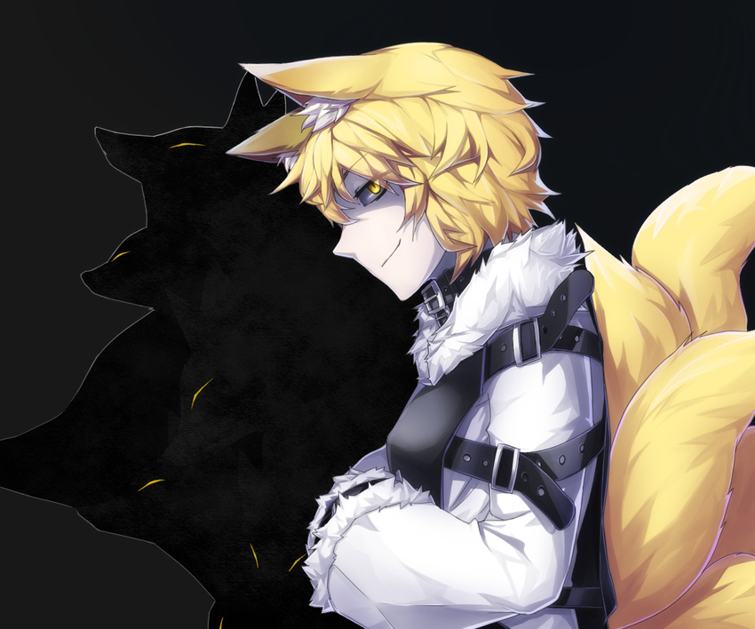 alternate_costume animal_ears black_sclera blonde_hair collar dress fox fox_ears fox_tail koumajou_densetsu koumajou_densetsu_2 ldl_(bcw1025) profile short_hair silhouette smile tabard tail touhou yakumo_ran yellow_eyes