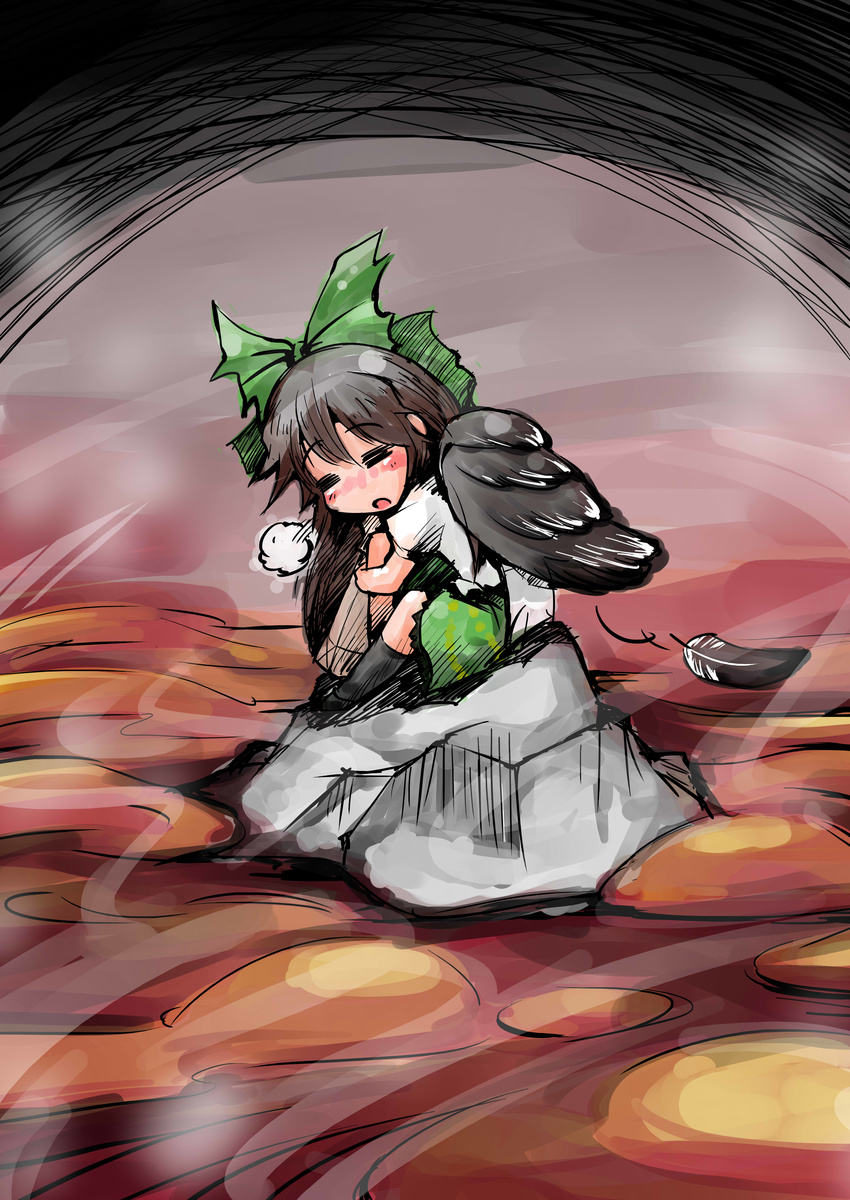absurdres arm_cannon bow brown_hair commentary_request hair_bow highres long_hair reiuji_utsuho shinapuu solo touhou weapon