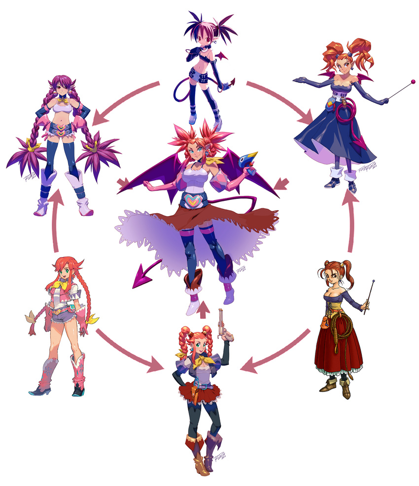 6+girls bare_shoulders bat_wings boots braid breasts chimerism cleavage corset cutoffs demon_girl disgaea dragon_quest dragon_quest_viii dress elbow_gloves etna fusion gloves hexafusion highres jessica_albert knee_boots large_breasts long_hair makai_senki_disgaea multiple_girls navel open_mouth pantyhose pink_gloves pointy_ears purple_shirt rebecca_streisand red_eyes red_hair robert_porter shiny shiny_skin shirt short_shorts shorts smile strapless_dress taut_clothes taut_shirt template thighhighs thighhighs_over_pantyhose twintails wild_arms wild_arms_5 wings