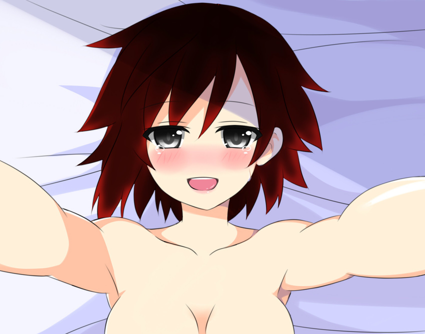 afterglow alternate_breast_size black_eyes breasts looking_at_viewer medium_breasts out-of-frame_censoring red_hair ruby_rose rwby shikniful short_hair solo topless