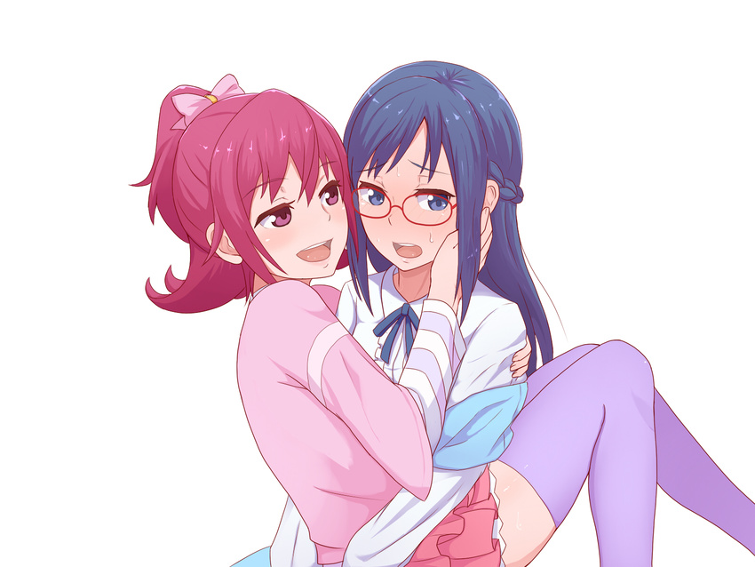 aida_mana blue_eyes blue_hair blush bow dokidoki!_precure embarrassed glasses hand_on_another's_cheek hand_on_another's_face highres hishikawa_rikka long_hair multiple_girls naughty_face open_mouth pink_bow pink_eyes pink_hair precure school_uniform short_hair skirt smile thighhighs unpale yuri