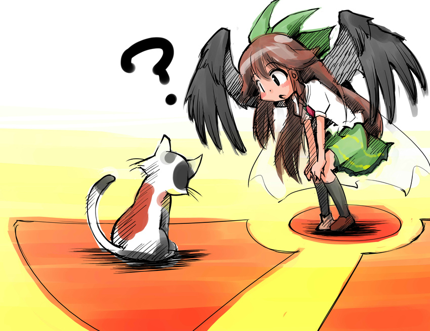 ? absurdres bow brown_hair cat commentary_request hair_bow highres long_hair mismatched_footwear radiation_symbol reiuji_utsuho shinapuu touhou