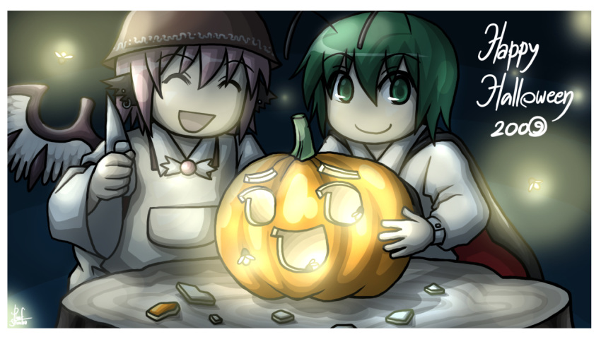 2girls :d bangs banned_artist bug character_request closed_mouth commentary english_commentary english_text eyes_closed firefly glowing green_hair grin hair_between_eyes happy_halloween hat holding holding_knife insect jack-o'-lantern knife long_sleeves looking_at_viewer multiple_girls open_mouth purple_hair reef smile touhou tree_stump wide_sleeves wings