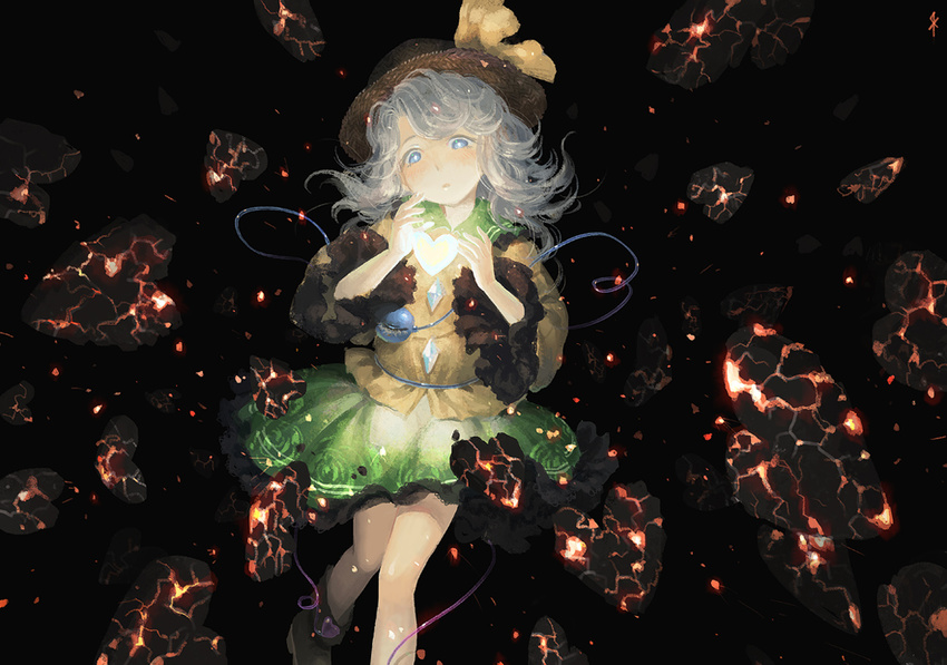 blue_eyes blush boots bow charcoal eyeball fire floral_print frills hat hat_bow hat_ribbon heart heart_of_string komeiji_koishi long_hair long_sleeves open_mouth ribbon seeker silver_hair skirt solo third_eye touhou white_hair wide_sleeves