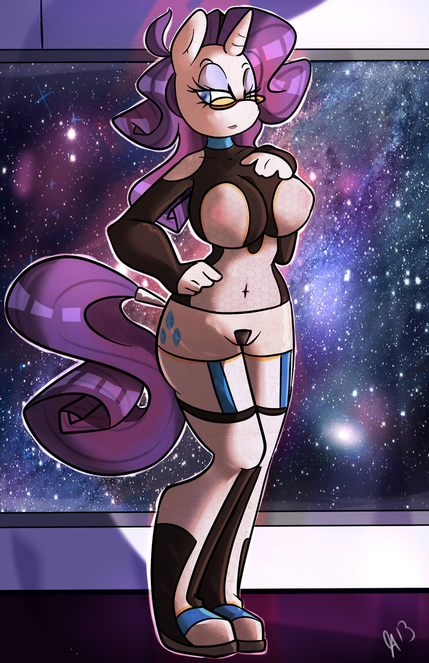 anthro blue_eyes breasts clothing cosplay crossover cutie_mark equine eyewear female friendship_is_magic glasses hair horn horse mammal mass_effect my_little_pony nipples pony purple_hair rarity_(mlp) solo somescrub tight_clothing unicorn video_games