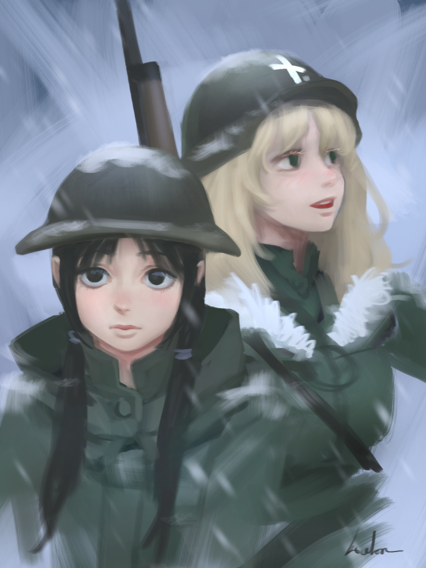 2girls black_eyes black_hair blonde_hair brodie_helmet chito_(shoujo_shuumatsu_ryokou) closed_mouth fur_trim gohpot green_coat green_eyes gun helmet highres long_hair low_twintails military military_uniform multiple_girls open_mouth parted_lips rifle shoujo_shuumatsu_ryokou stahlhelm teeth twintails uniform weapon yuuri_(shoujo_shuumatsu_ryokou)