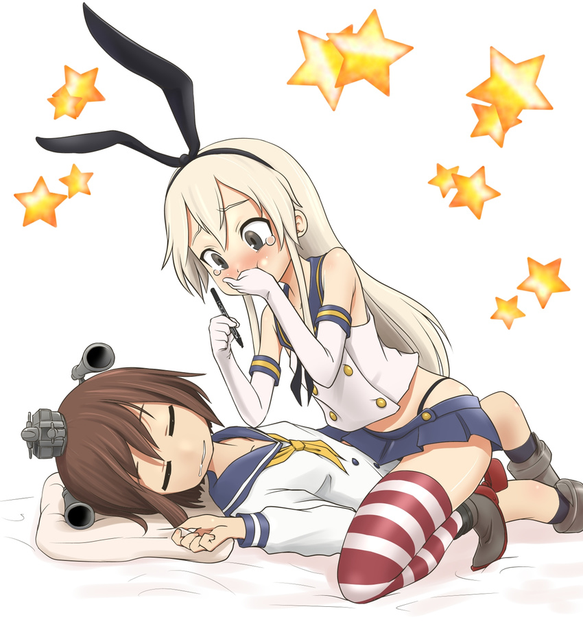 ahenn ascot bangs black_eyes blonde_hair blush brown_hair closed_eyes collarbone covering_mouth detached_sleeves dress drooling elbow_gloves girl_on_top gloves hairband headgear highres kantai_collection laughing long_hair long_sleeves looking_down lying marker multiple_girls on_back on_bed pillow sailor_dress shimakaze_(kantai_collection) shoes short_hair skirt sleeping star stifled_laugh straddling striped striped_legwear tears thighhighs white_background white_gloves yukikaze_(kantai_collection)