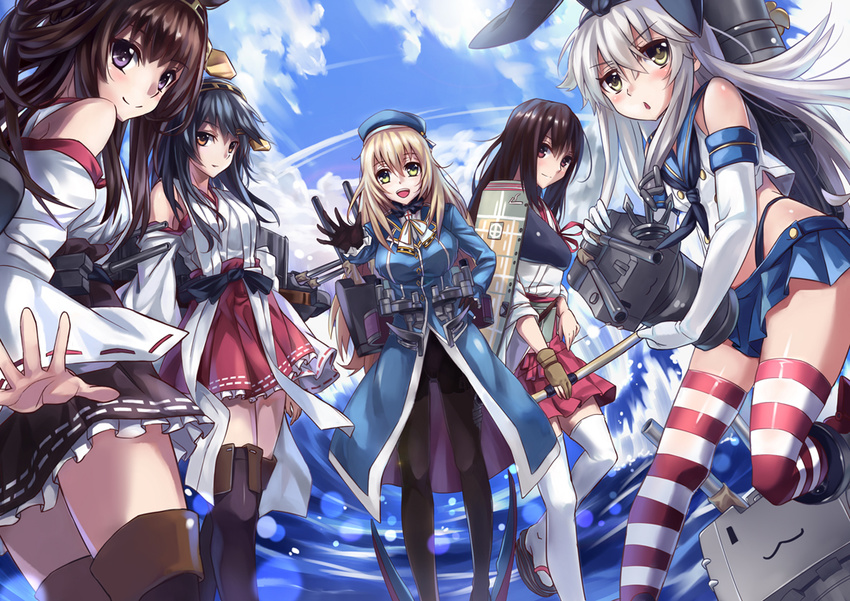 akagi_(kancolle) atago_(kancolle) black_hair blonde_hair bow_(weapon) brown_eyes brown_hair elbow_gloves gloves group haruna_(kancolle) hat headband japanese_clothes kamisa kantai_collection kongou_(arpeggio) long_hair pantyhose purple_eyes shimakaze_(kancolle) skirt thighhighs weapon white_hair yellow_eyes