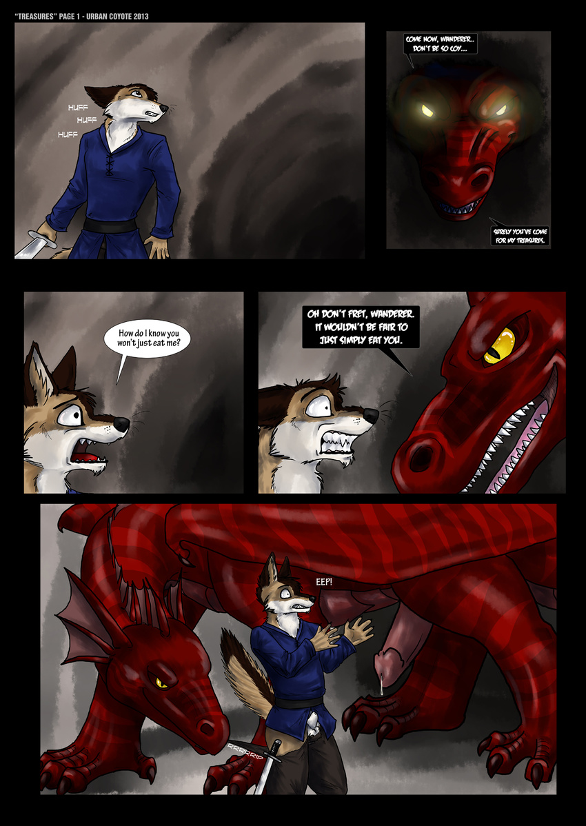 canine clothed clothing comic dialog dragon english_text erection feral gay kneeling male mammal penis precum red_scales sheath size_difference sword text urban-coyote vore weapon