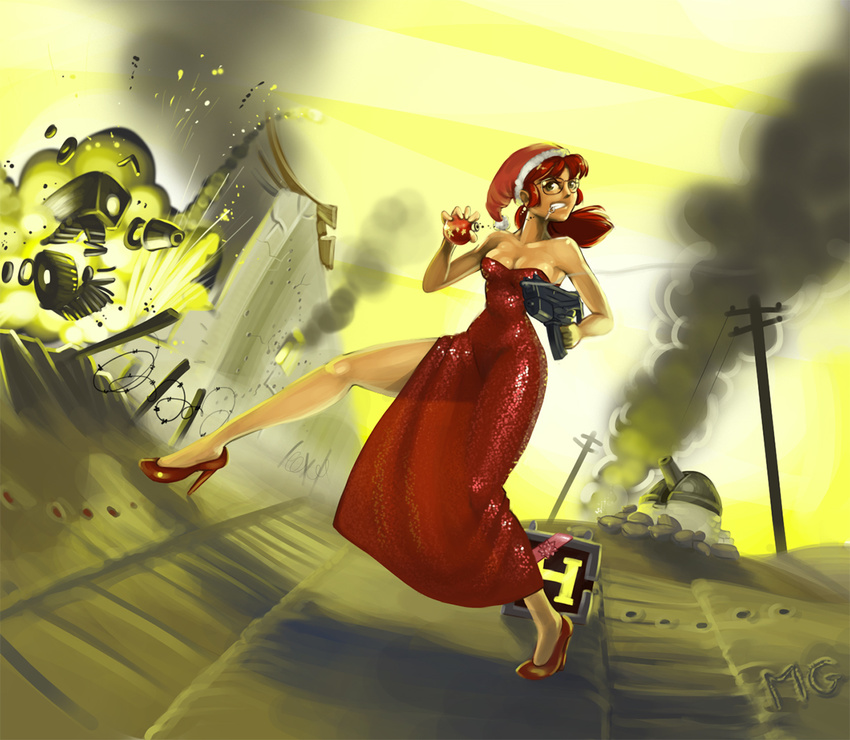 alternate_costume bare_legs bare_shoulders bauble breasts brown_hair christmas cleavage clenched_teeth dress dutch_angle earrings explosion explosive fio_germi formal glasses grenade ground_vehicle gun hat high_heels jewelry long_legs mario_grant medium_breasts metal_slug military military_vehicle motor_vehicle mouth_pull ponytail power-up red_dress red_hair santa_hat shiny shiny_clothes side_slit smoke smoking_gun snk solo strapless strapless_dress submachine_gun tank teeth war weapon