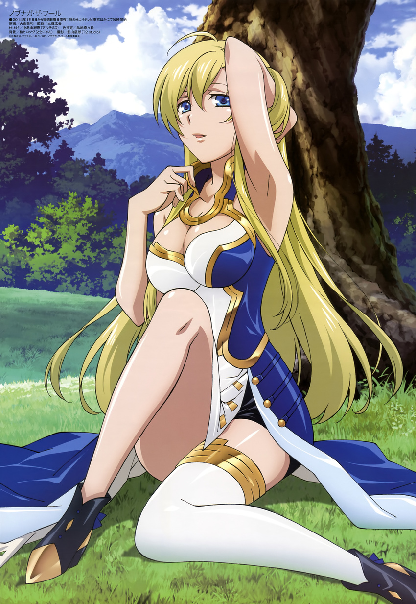 :d absurdres arm_up armpits bare_legs blonde_hair blue_eyes breasts cleavage day field grass highres jeanne_kaguya_d'arc knee_up long_hair looking_at_viewer medium_breasts megami nobunaga_the_fool official_art ooshima_miwa open_mouth outdoors parted_lips plant single_thighhigh smile solo thighhighs tree white_legwear