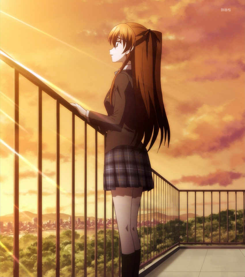 cloud fence from_side highres long_hair ogiso_setsuna pleated_skirt rooftop school_uniform screencap skirt sky solo sunset white_album_2 yellow_eyes