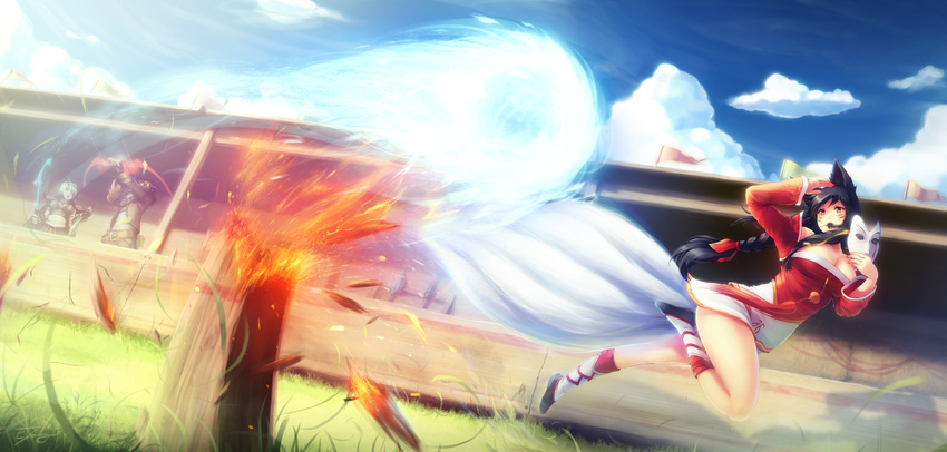 2girls ahri animal_ears ashe_(league_of_legends) bare_shoulders black_hair bow_(weapon) braid breasts cleavage cloud day detached_sleeves dress ezreal facial_mark fire flag fox_ears fox_tail grass hair_ribbon highres large_breasts league_of_legends long_hair mask multiple_girls multiple_tails red_ribbon ribbon ricegnat running sky strapless strapless_dress sword tail weapon whisker_markings yellow_eyes