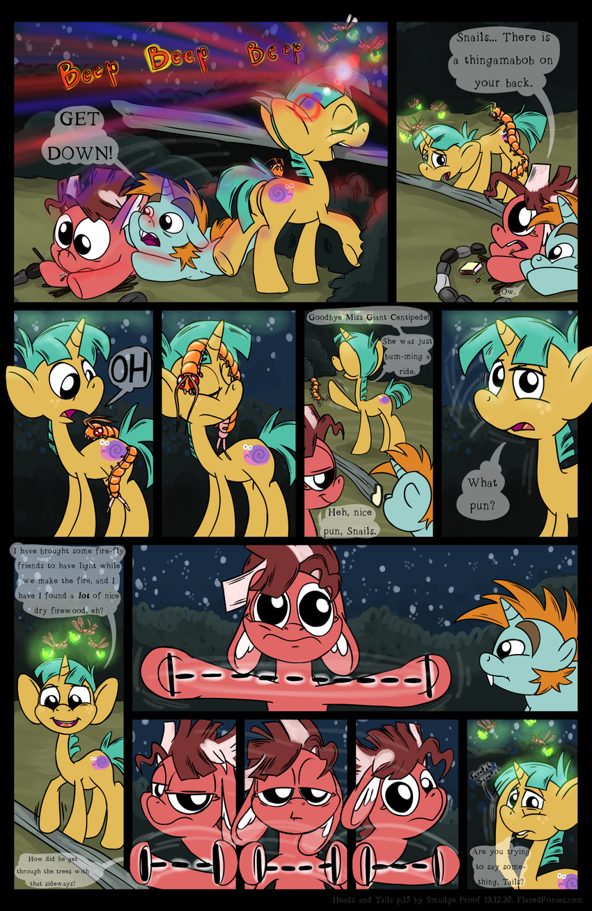 centipede comic dialog donkey english_text equine firefly flare forest friendship_is_magic giant_centipede horn horse humor insect lens lens_flare mammal metacommunication my_little_pony night original_character pony pun smudge_proof snails_(mlp) snips_(mlp) tails tails_(mlp) text tree unicorn