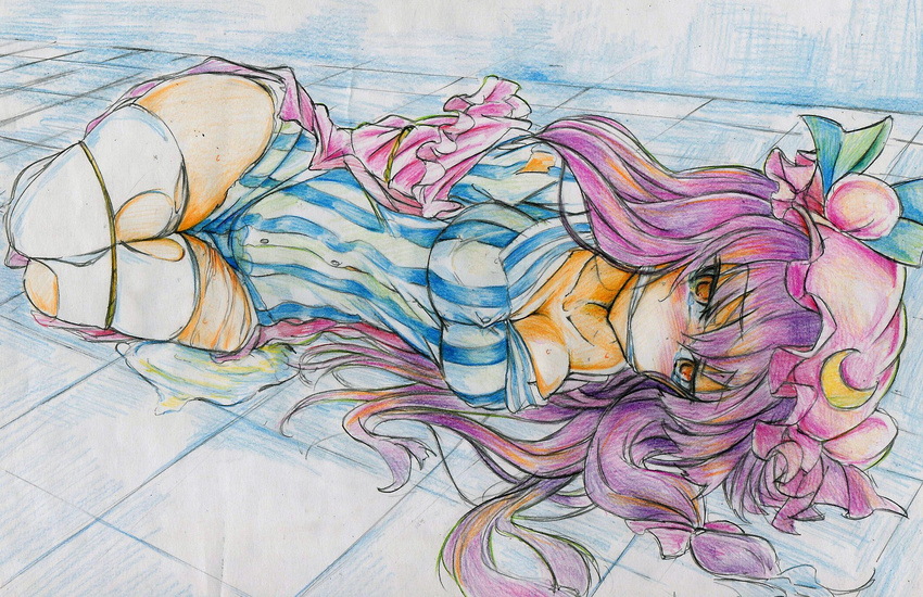 bdsm bondage bound breasts brown_eyes cleavage cleave_gag cloth_gag colored_pencil_(medium) dress gag gagged hat highres improvised_gag large_breasts lying nichibotsu_(kitaziman) panties patchouli_knowledge pee peeing peeing_self purple_hair sweat tears thighhighs thighs torn_clothes torn_legwear touhou traditional_media underwear white_legwear