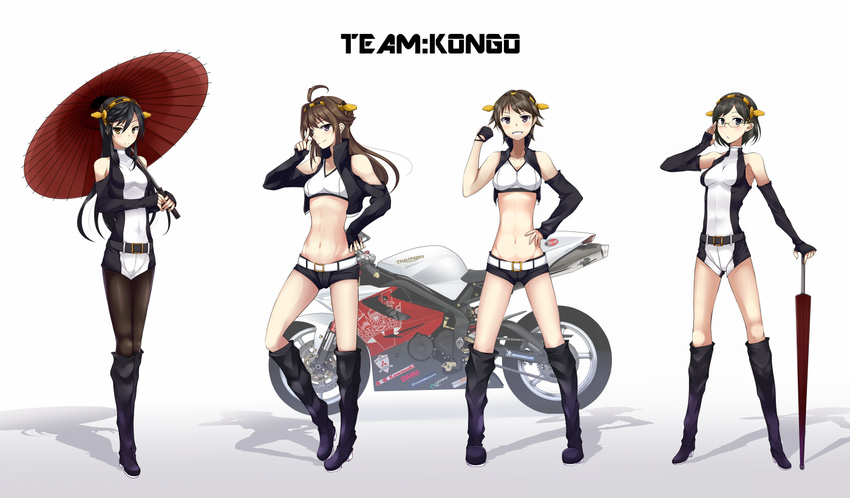 ahoge alternate_costume bare_shoulders belt black_hair black_legwear boots breasts buckle closed_umbrella crop_top cropped_jacket detached_sleeves double_bun elbow_gloves full_body glasses gloves ground_vehicle hairband hand_on_hip haruna_(kantai_collection) headgear hiei_(kantai_collection) kantai_collection kirishima_(kantai_collection) knee_boots kongou_(kantai_collection) kotohane long_hair looking_at_viewer medium_breasts midriff motor_vehicle motorcycle multiple_girls navel oriental_umbrella pantyhose parasol planted_umbrella race_queen short_hair short_shorts shorts simple_background small_breasts smile standing umbrella white_background