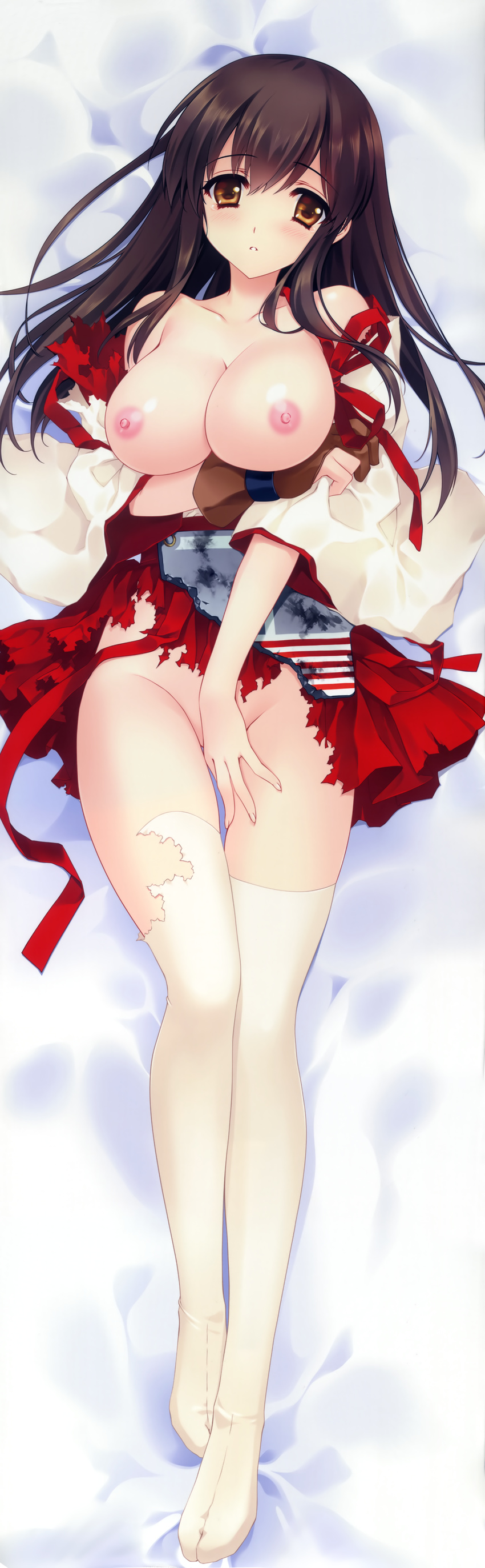 :o absurdres akagi_(kantai_collection) bed bed_sheet blush breasts brown_eyes brown_hair carnelian cleavage collarbone covering covering_crotch dakimakura from_above full_body groin hakama_skirt highres huge_filesize japanese_clothes kantai_collection large_breasts long_hair looking_at_viewer midriff navel nipples no_bra no_panties on_bed solo tabi thigh_gap thighhighs torn_clothes torn_legwear white_legwear