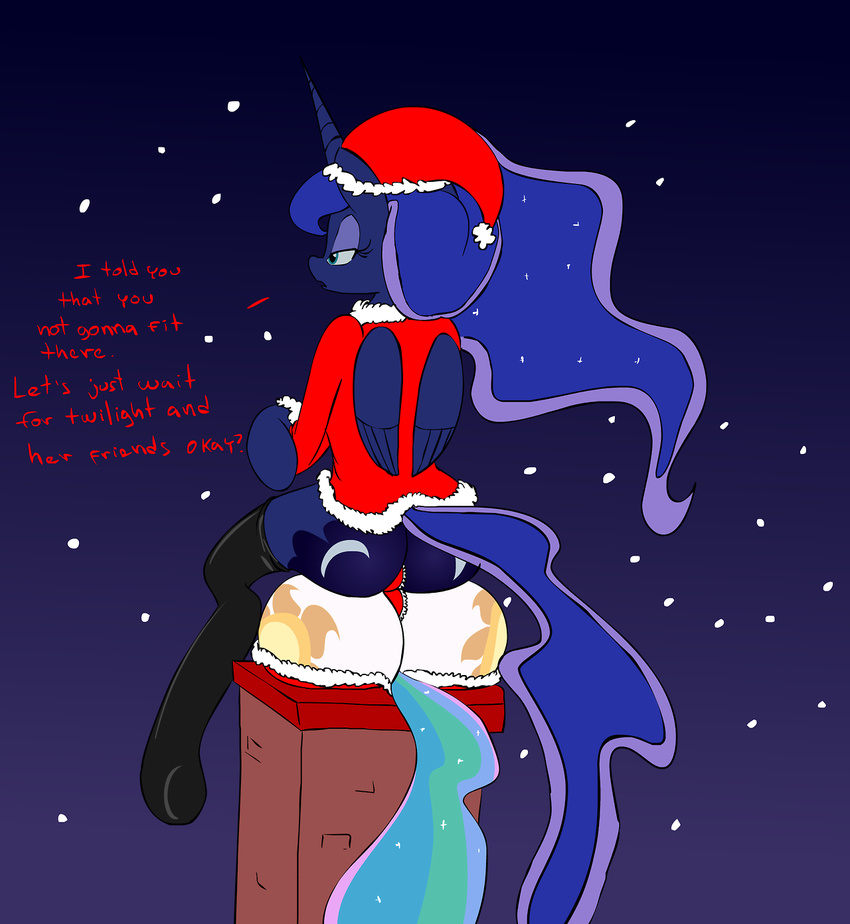 anthrofied big_butt blue_fur bottomless bubble_butt butt butt_to_butt chimney christmas clothing cutie_mark english_text equine female friendship_is_magic fur hair hat holidays horn horse humor legwear lesbian mammal multi-colored_hair my_little_pony night oops open_mouth outside panties pony princess_celestia_(mlp) princess_luna_(mlp) santa_costume santa_hat shirt sitting snow snowing stockings stuck text underwear white_fur winged_unicorn wings zev