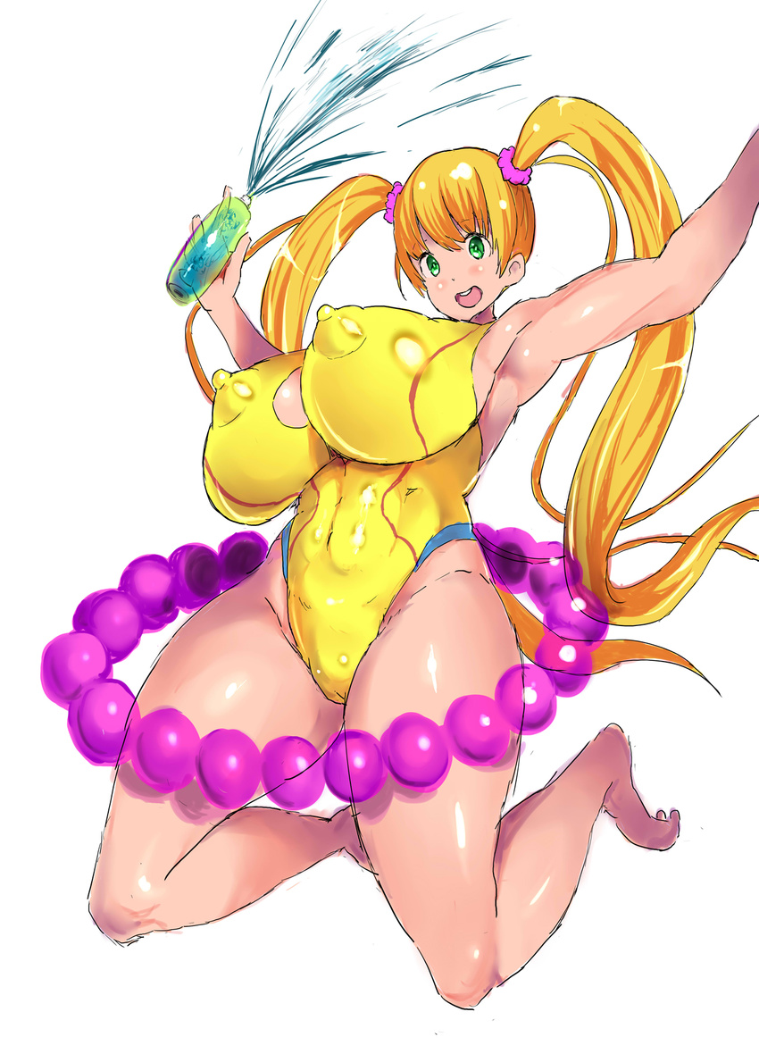 1girl arms_up breasts covered_nipples erect_nipples female green_eyes highres huge_breasts kneeling long_hair mozuku_(djpw) nipples open_mouth orange_hair puffy_nipples shiny shiny_skin smile swimsuit thighs twintails