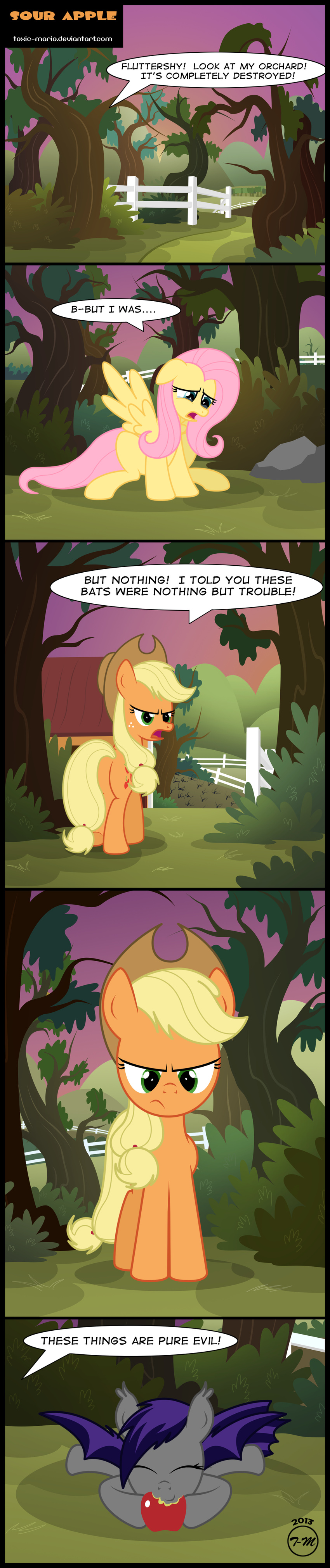 apple applejack_(mlp) bat_pony bat_wings blonde_hair comic cowboy_hat crying cutie_mark dialog english_text equine fangs female feral flutterbat_(mlp) fluttershy_(mlp) forest friendship_is_magic frown fruit fur green_eyes hair hat horse long_hair mammal my_little_pony open_mouth orange_fur outside pegasus pony sitting sky smile tears text tongue toxic-mario tree wings