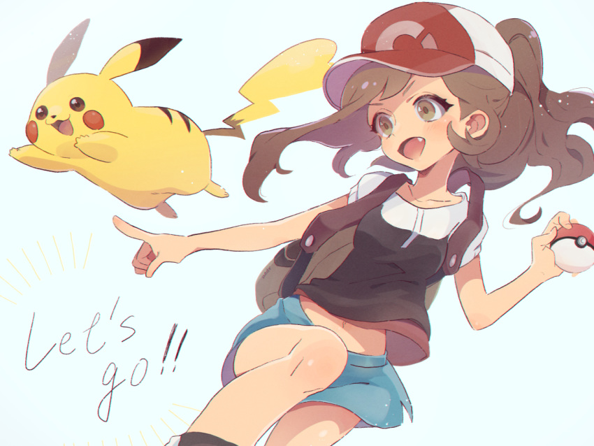 1girl :d ayumi_(pokemon) backpack bag baseball_cap black_blouse blouse blue_shorts brown_eyes brown_hair commentary creatures_(company) cursive english_text fang game_freak gen_1_pokemon hat holding holding_poke_ball leaning_back light_particles long_hair looking_at_another midriff navel nintendo notice_lines open_mouth pikachu pointing pointing_up poke_ball poke_ball_(generic) pokemon pokemon_(creature) pokemon_(game) pokemon_lgpe ponytail red_hat shoes shorts simple_background smile solo standing standing_on_one_leg ueda_kou white_background