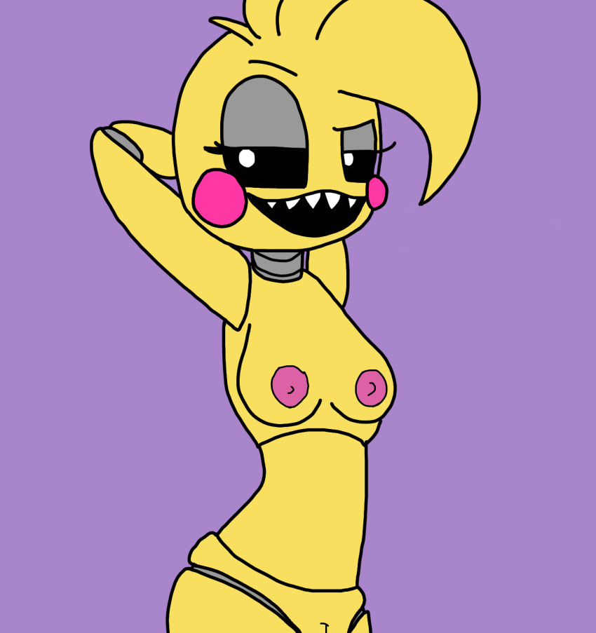 animatronic avian breasts female five_nights_at_freddy's five_nights_at_freddy's_2 g4s half-closed_eyes hi_res looking_at_viewer machine nipples open_mouth pink_nipples pussy robot sharp_teeth simple_background solo teeth toy_chica_(fnaf) video_games