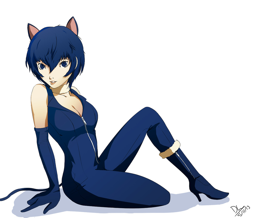 alternate_costume animal_ears bad_id bad_tumblr_id blue_eyes blue_hair boots breasts cat_ears cat_tail catsuit cleavage dh_(brink_of_memories) elbow_gloves full-length_zipper gloves halloween_costume high_heel_boots high_heels kemonomimi_mode medium_breasts persona persona_4 scarf shirogane_naoto short_hair sitting tail zipper