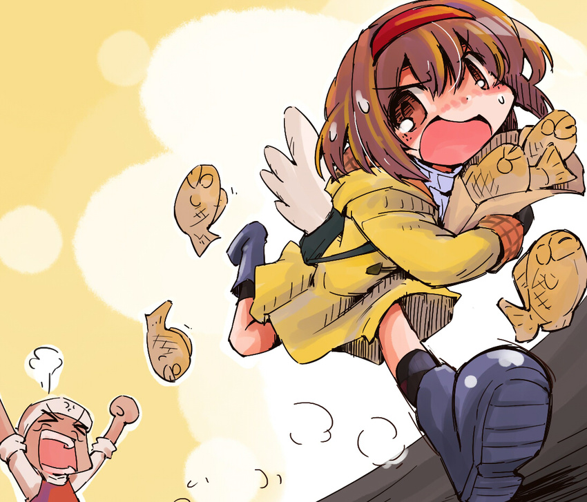 1girl backpack bag brown_eyes brown_hair chasing food hairband kanon mittens paper_bag running shinapuu short_hair taiyaki tsukimiya_ayu wagashi wings