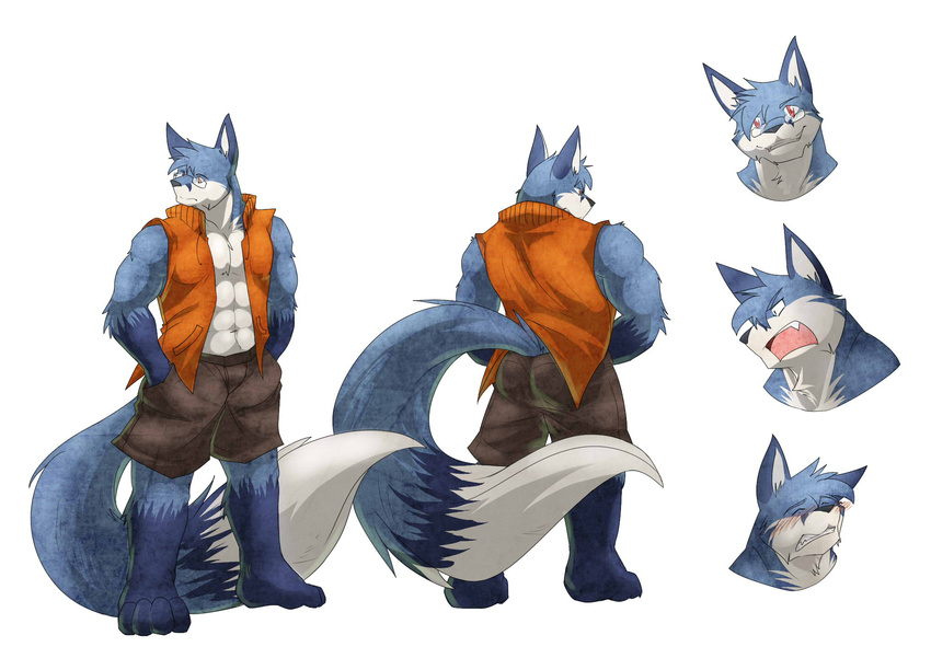 angry anthro back biceps big_tail black_nose blue_fur blush butt chest_tuft clothing eyewear fangs frown fur glasses grin jacket male model_sheet muscles open_mouth open_shirt pecs plain_background pose rikitsu shirt shorts smile solo standing teeth tongue tuft vest white_background white_fur