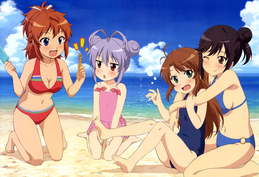 :d :o ;) absurdres alternate_hairstyle antenna_hair barefoot beach bikini black_eyes black_hair blue_bikini blue_eyes blush breasts brown_eyes brown_hair casual_one-piece_swimsuit chestnut_mouth cleavage cloud day double_bun fang feet frilled_swimsuit frills furukawa_hideki green_eyes hair_bun hair_ribbon highres hug hug_from_behind ichijou_hotaru kneeling koshigaya_komari koshigaya_natsumi legs long_hair medium_breasts miyauchi_renge multiple_girls non_non_biyori nyantype o-ring o-ring_bottom ocean official_art old_school_swimsuit one-piece_swimsuit one_eye_closed open_mouth outdoors pink_swimsuit popsicle_stick purple_hair red_bikini ribbon scan school_swimsuit short_hair sideboob sky smile swimsuit water white_ribbon yuri