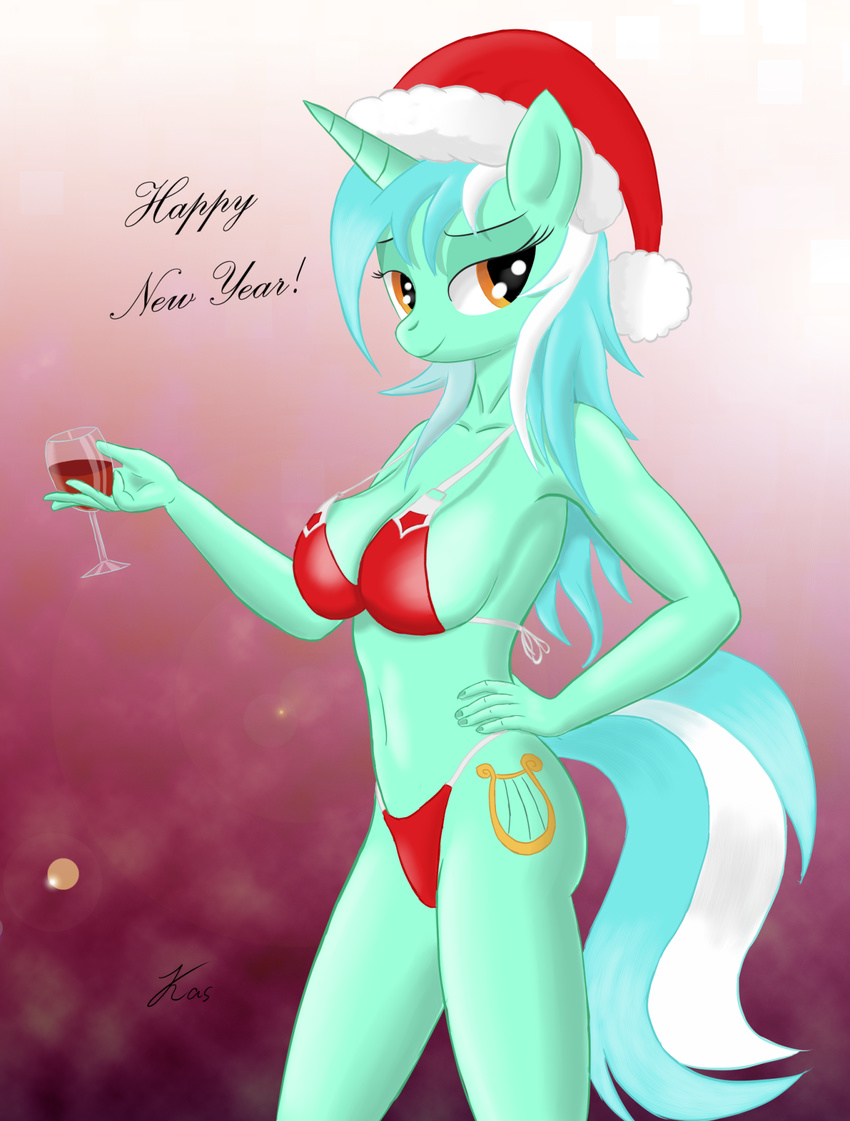 alcohol amber_eyes anthro anthrofied beverage bra breasts christmas cleavage clothed clothing cutie_mark equine female friendship_is_magic green_hair hair hand_on_hip hat holidays horn horse kasaler looking_at_viewer lyra_(mlp) lyra_heartstrings_(mlp) mammal my_little_pony panties pony santa_hat solo standing two_tone_hair underwear unicorn white_hair wine wine_glass