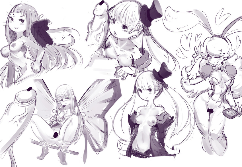 4girls aerie_(bravely_default) animal_ears bottomless bravely_default:_flying_fairy bravely_default_(series) bravely_second:_end_layer breasts bunny_ears censored character_request collage fairy_wings hat hetero large_penis magnolia_arch medium_breasts mini_hat mini_top_hat minigirl monochrome multiple_girls nipples penis pointless_censoring sho-n-d size_difference skirt skirt_lift spread_legs spreader_bar top_hat wings