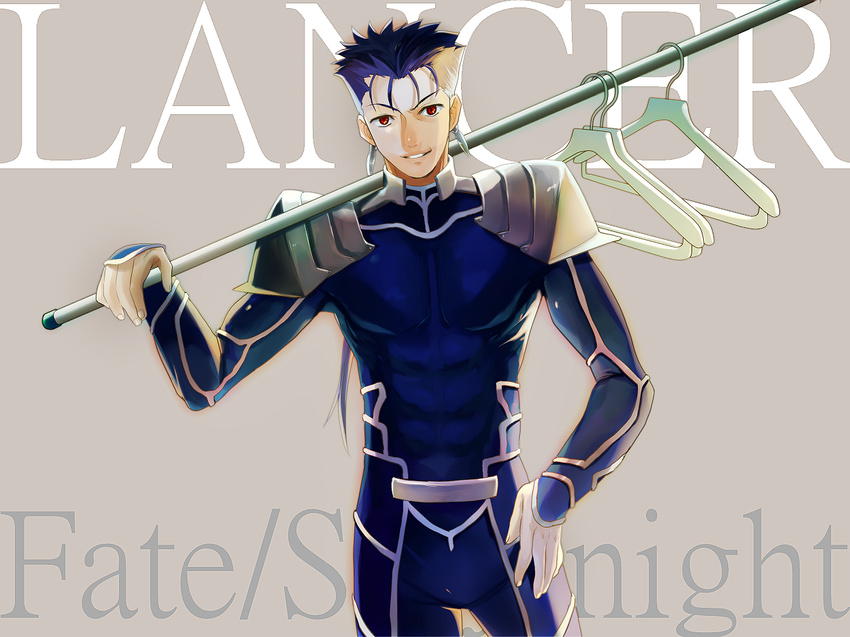 blue_hair clothes_hanger fate/stay_night fate_(series) kabio lancer long_hair male_focus pole ponytail red_eyes solo
