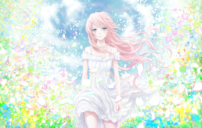blue_eyes colorful dress highres long_hair looking_at_viewer megurine_luka nuwanko petals pink_hair smile solo vocaloid white_dress