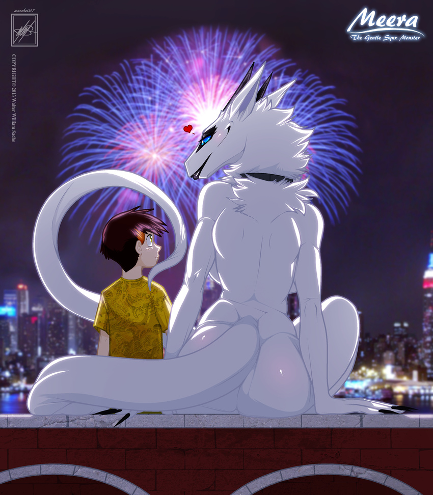 absurd_res big_breasts big_butt black_lips blue_eyes blush breasts butt claws collar duo female fireworks fur hi_res horn human lips mammal meera nude outside size_difference smile synx walter_sache white_fur wide_hips