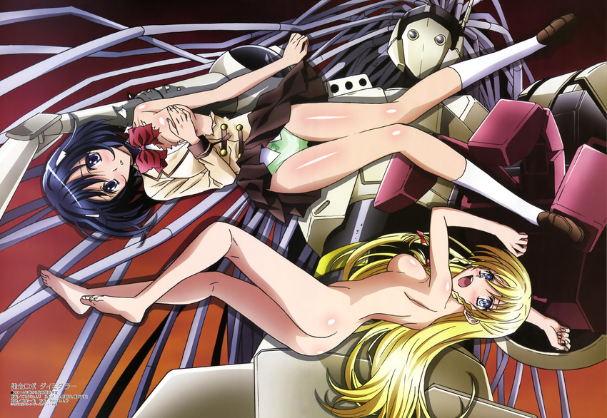 absurdres ass barefoot blonde_hair blue_eyes blue_hair bow breasts covering covering_one_breast feet gotou_junji hair_bow highres kenzen_robo_daimidaler kiyuna_kiriko legs long_hair medium_breasts megami multiple_girls no_bra non-web_source nude official_art open_mouth panties rikantsu_seabury school_uniform short_hair sideboob socks torn_clothes underwear very_long_hair